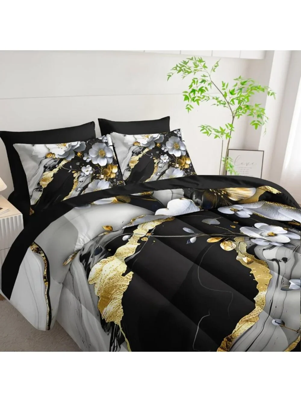7-Piece King Marble Floral Comforter Set - Black & White Bedding, Gold Accents